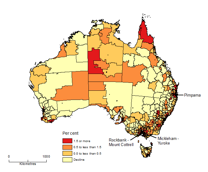 Image: Map showing Population Change by SA2, Australia, 2017-18