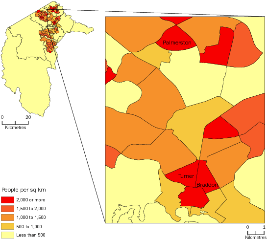Diagram: POPULATION DENSITY BY SA2, Australian Capital Territory—June 2012