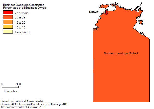 Map: PERCENTAGE OF BUSINESS OWNERS IN THE CONSTRUCTION INDUSTRY BY SA4 (a), Northern Territory - 2011