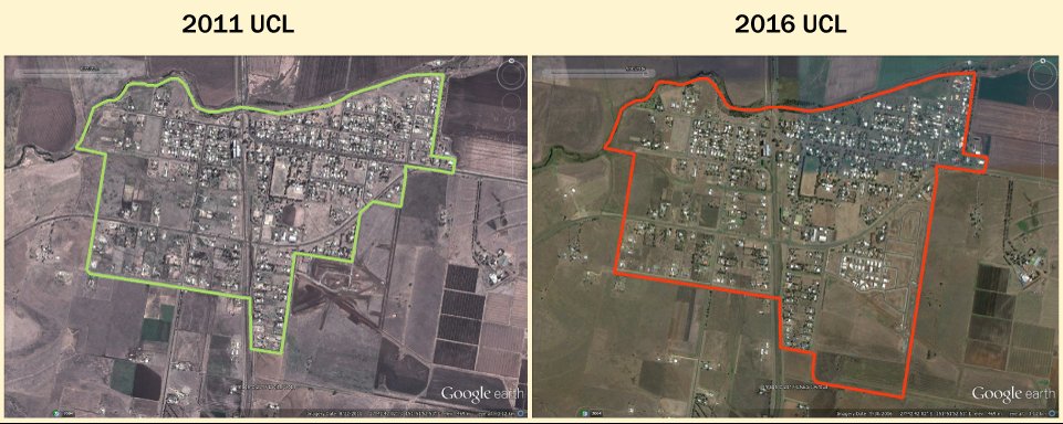 On the left: 2011 imagery with an overlay of the 2011 UCL boundary for Cambooya. On the right: 2016 imagery with an overlay of 2016 UCL boundary for Cambooya. The imagery shows growth of the town and the 2016 UCL boundary has changed to accommodate that.