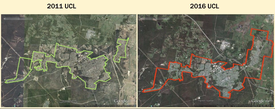On left: 2011 imagery with an overlay of the 2011 UCL boundaries of Heddon Greta and Kurri Kurri – Weston.  On right: 2016 imagery with an overlay of the 2016 UCL boundary for Kurri Kurri. Showing the 2011 UCLs being joined together to accommodate growth.