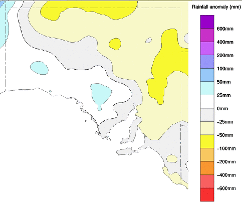 South Australian rainfall anomalies 1 December to 29 February 2008, South Australia, Product of the National Climate Centre