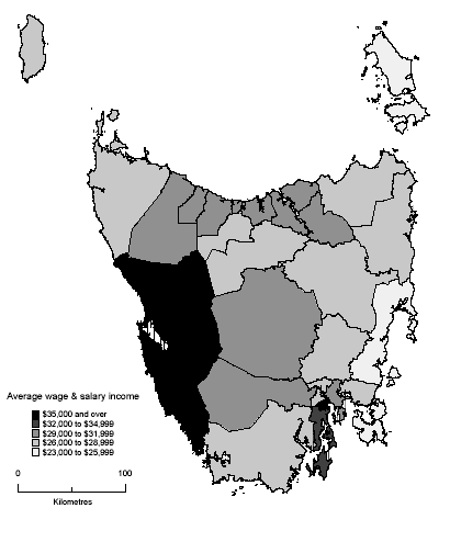 Map: Average Annual Wage and Salary Income, LGAs, Tasmania, 2000-01