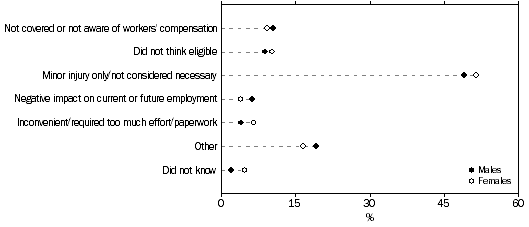 Graph: MAIN REASON DID NOT APPLY FOR WORKERS' COMPENSATION, By sex