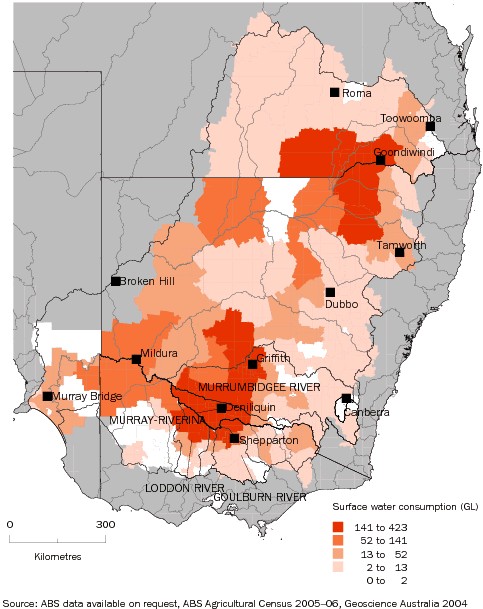 Diagram: 4.12 Agricultural surface water consumption in river basins, by Statistical Local Area—Murray-Darling Basin – 2005–06