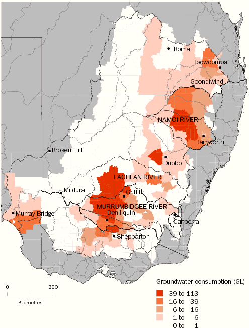 Diagram: 4.14 Agricultural groundwater consumption in river basins, by Statistical Local Area—Murray-Darling Basin—2005–06