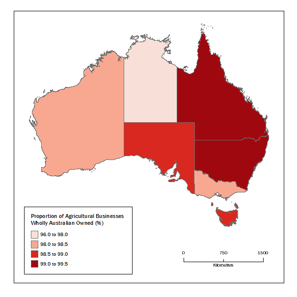 Map of the proportion of agricultural businesses that are wholly Australian owned