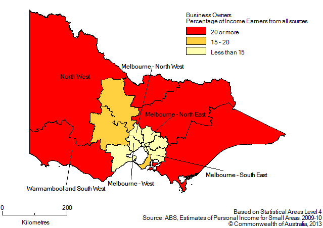 Map: BUSINESS OWNERS(a), Percentage of income earners by SA4, Victoria - 2009-10