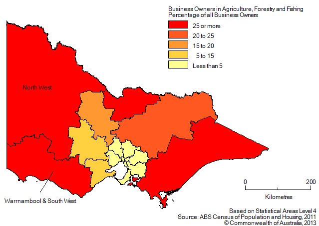 Map: PERCENTAGE OF BUSINESS OWNERS IN THE AGRICULTURE, FORESTRY AND FISHING INDUSTRY BY SA4(a), Victoria - 2011