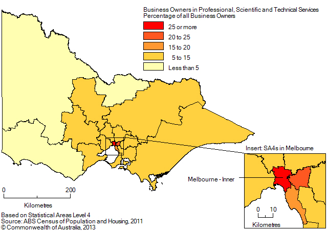 Map: PERCENTAGE OF BUSINESS OWNERS IN THE PROFESSIONAL, SCIENTIFIC AND TECHNICAL SERVICES INDUSTRY BY SA4 (a), Victoria - 2011