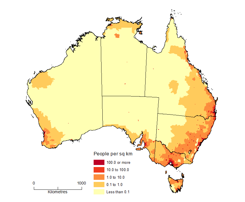Diagram: POPULATION DENSITY BY SA2, Australia - June 2015