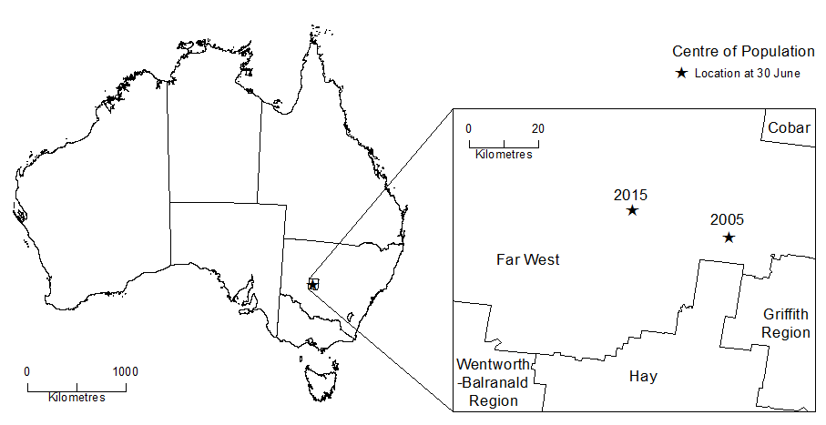 Diagram: CENTRE OF POPULATION Australia - June 2005 and June 2015