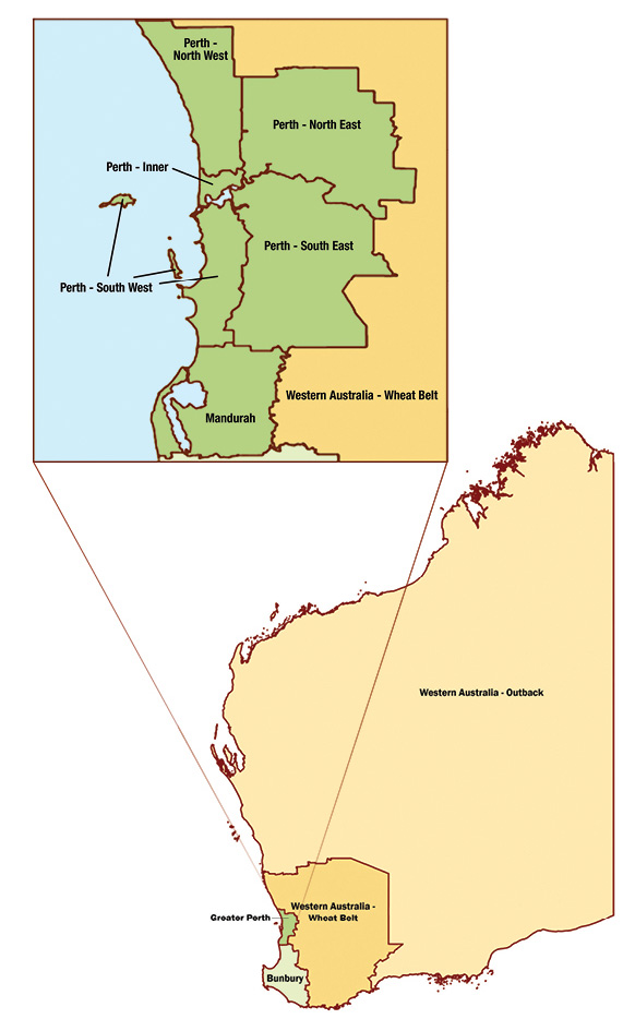Map of Western Australia with inset of Greater Perth Region
