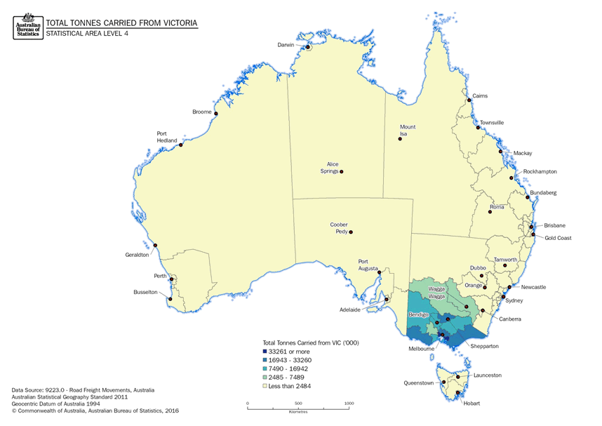 Image: Thematic map, Total Tonnes Carried from Victoria to Destination (Statistical Area Level 4)