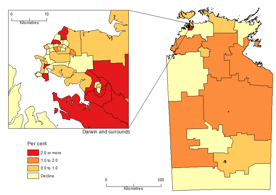 Diagram: POPULATION CHANGE BY SA2, Northern Territory - 2014 -15
