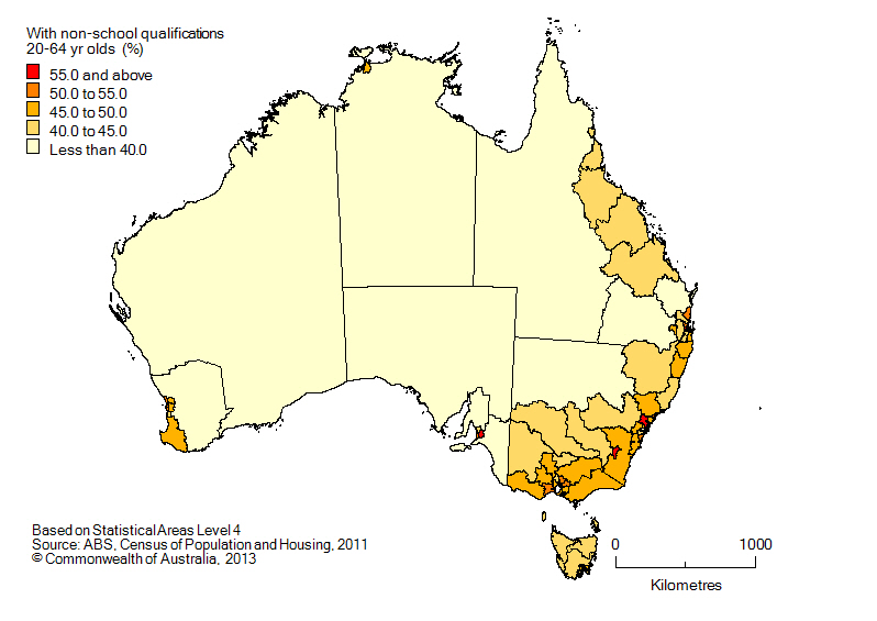 MAP: Population with non-school qualifications, 20-64 yr olds, Australia, 2011