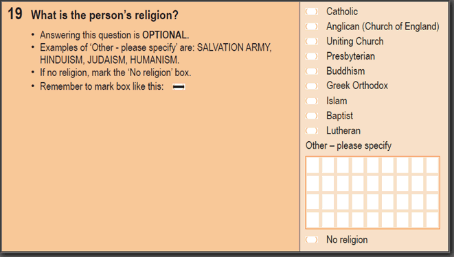 Image: 2011 Household Paper Form - Question 19. What is the person's religion?