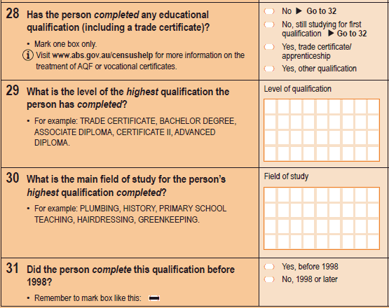 Image of Question's 28, 29, 30 and 31, 2011 Census Household Form
