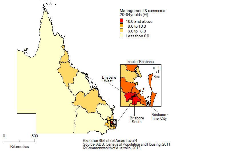 Map: Non-school qualifications in management and commerce, 20-64 year olds, Queensland, 2011