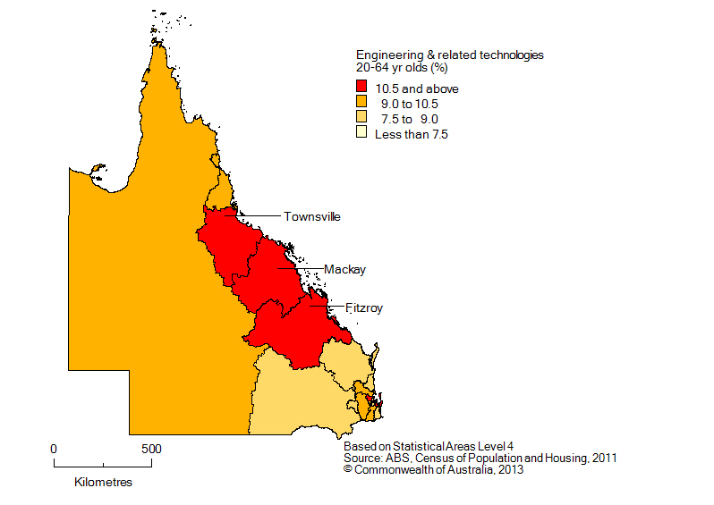 Map: Non-school qualifications in engineering and related technologies, 20-64 year olds, Queensland, 2011