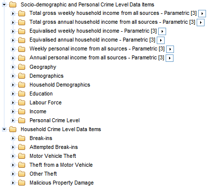 Screenshot from TableBuilder - shows the sub-categories that are available on the file