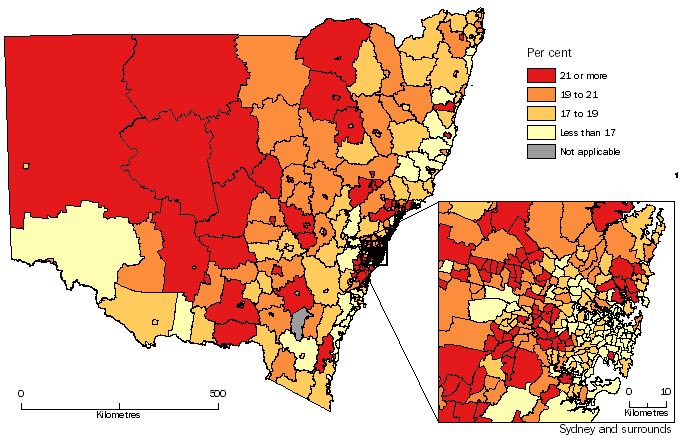 Diagram: POPULATION AGED LESS THAN 15 YEARS, Statistical Areas Level 2, New South Wales - 30 June 2014