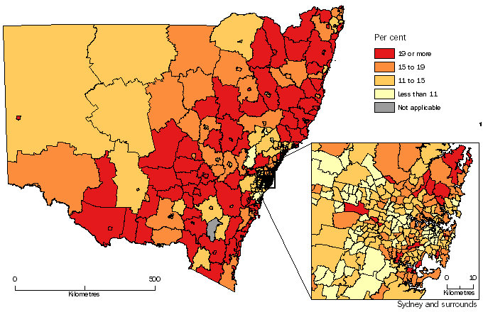 Diagram: POPULATION AGED 65 YEARS AND OVER, Statistical Areas Level 2, New South Wales - 30 June 2014