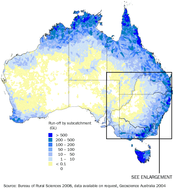 Diagram: 2.12 MEAN ANNUAL RUN-OFF IN AUSTRALIAN SUBCATCHMENTS, Murray-Darling Basin—2008