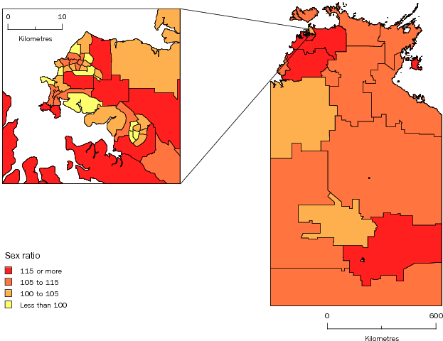Diagram: MALES PER 100 FEMALES, Statistical Areas Level 2, Northern Territory—30 June 2011