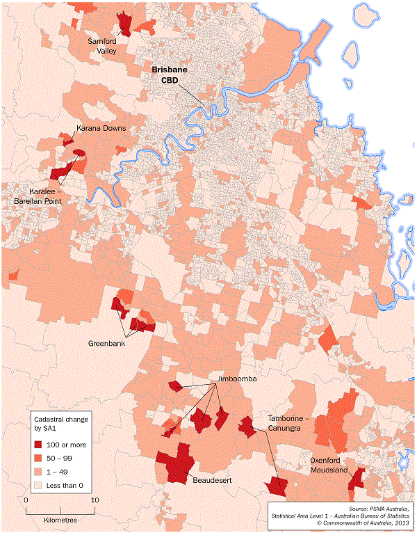 Figure 9: Change in the number of 0.4-10 ha cadastral parcels by SA1, 2002-2011