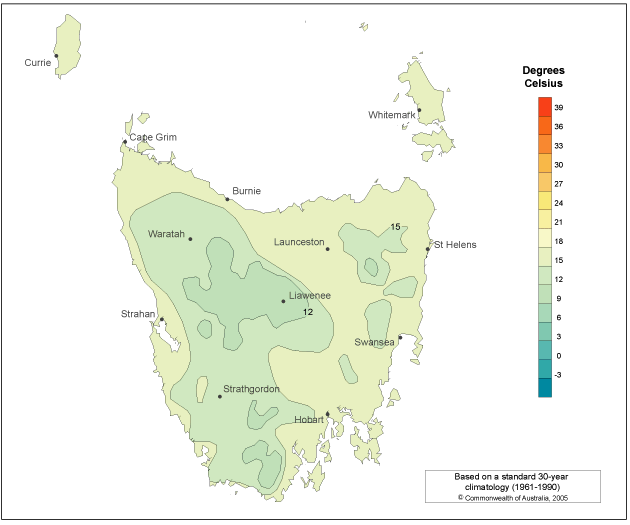 Map: Mean daily maximum temperature, Tasmania, annual to 2008