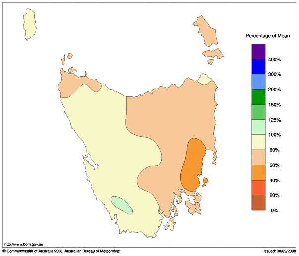 Map: Percentage of mean rainfall, Tasmania, 1 Jan-31 Oct 2008