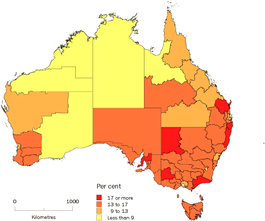 Diagram: Population aged 65 years and over, Statistical Divisions, Australia, 2008