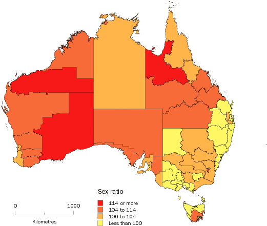 Diagram: Males per 100 females, Statistical Divisions, Australia, 2008