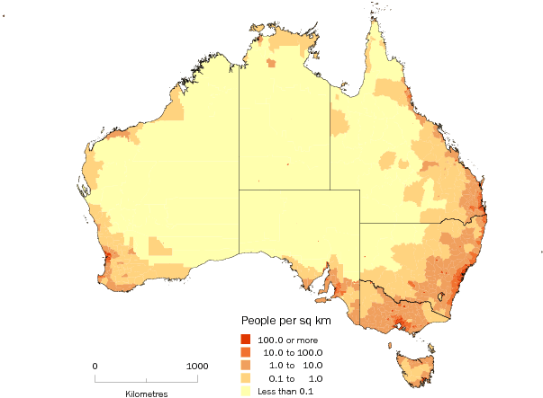 Diagram: POPULATION DENSITY BY SLA, Australia—June 2011
