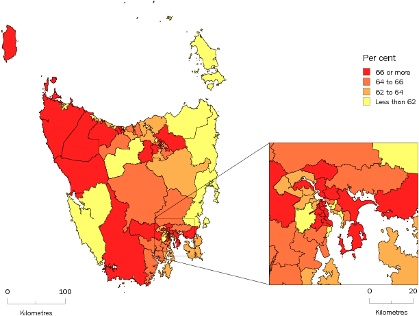 Diagram: WORKING AGE POPULATION (AGED 15-64 YEARS), Statistical Areas Level 2, Tasmania—30 June 2011