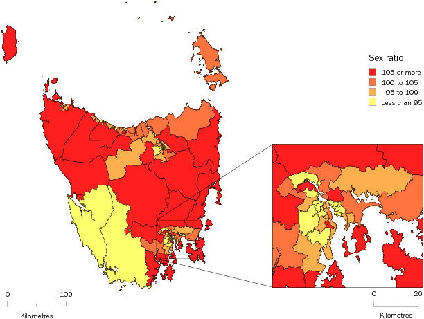 Diagram: MALES PER 100 FEMALES, Statistical Areas Level 2, Tasmania—30 June 2011
