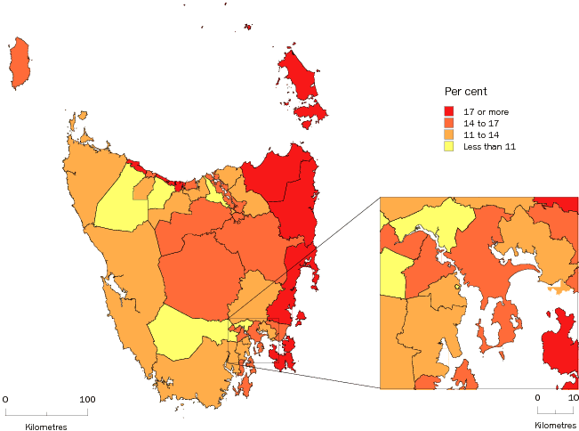 Diagram: Population aged 65 years and over, Statistical Local Areas, Tasmania, 2008