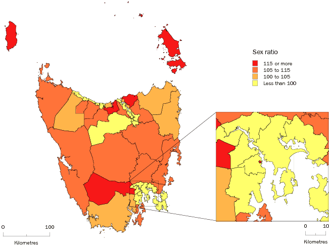 Diagram: Males per 100 females, Statistical Local Areas, Tasmania, 2008