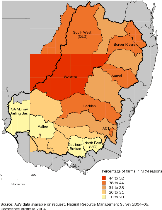 Diagram: 4.8 FARMS REPORTING PROBLEMATIC SURFACE WATER AVAILABILITY, Murray–Darling Basin NRM regions—2004–05