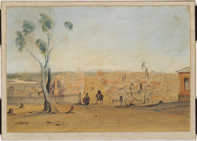 Coloured sketch of Melbourne in 1841 showing many houses and a wide dirt street