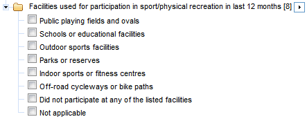 Screenshot from TableBuilder - categories for the data item "Facilities used for participation in sport or physical recreation in last 12 months"