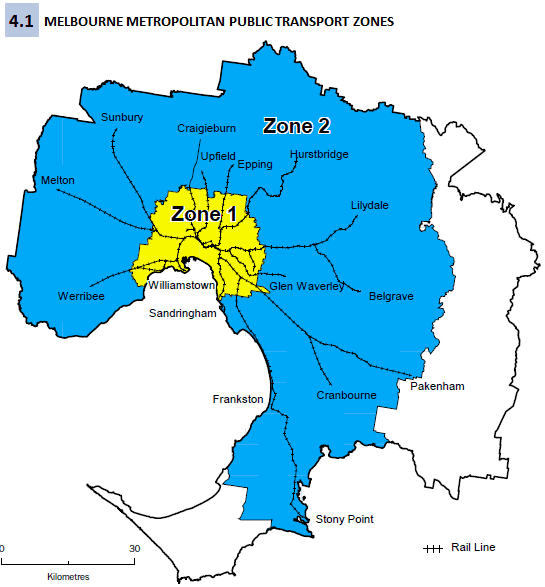 Figure 4.1 Zone 1 covers the city centre and most of the inner suburbs of Melbourne, while Zone 2 covers most of the outer suburbs.
