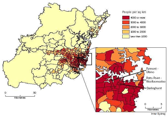 Diagram: POPULATION DENSITY BY SA2, Greater Sydney - June 2014