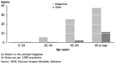 Graph: Female rates of hospitalisation for diabetes(a), by Indigenous status—2003–04