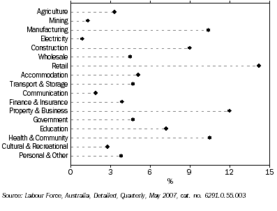 Graph: EMPLOYMENT BY INDUSTRY, percentage of total employment—May 2007