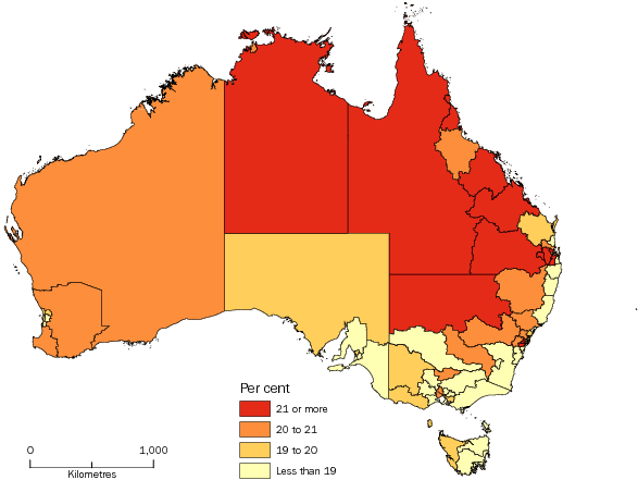 Diagram: POPULATON AGED LESS THAN 15 YEARS, Statistical Areas Level 4, Australia—30 June 2012
