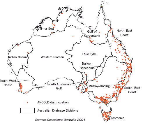 Map: 1.38 Location of large dams, by drainage division—June 2005