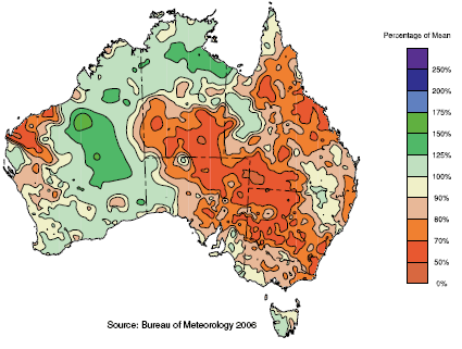 Map: 1.4 Percentage of mean annual rainfall, 2002–03 to 2004–05