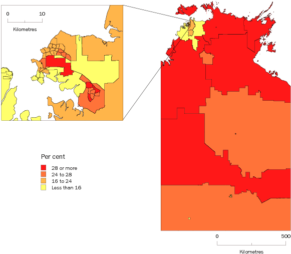 Diagram: POPULATION AGED LESS THAN 15 YEARS, Statistical Local Areas, Northern Territory—30 June 2009